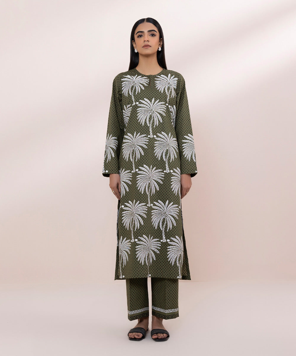 Women's Pret Cambric Block Printed Green Straight Shirt