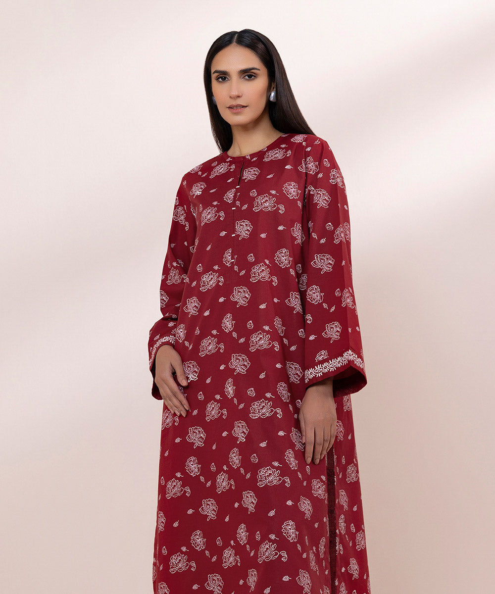 Women's Pret Cambric Block Printed Red A-Line Shirt