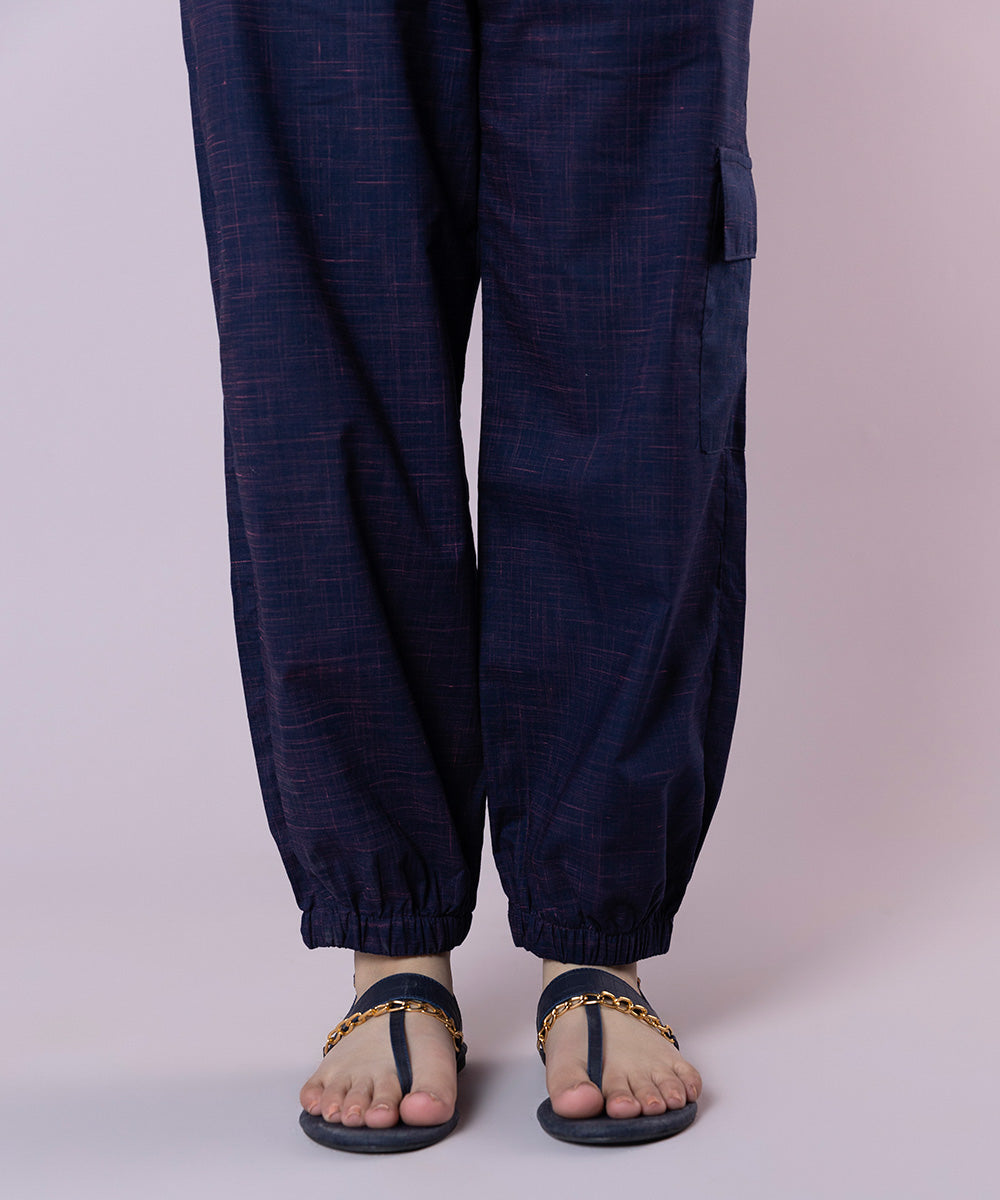 Women's Pret Textured Cotton Solid Blue Cargo Pants