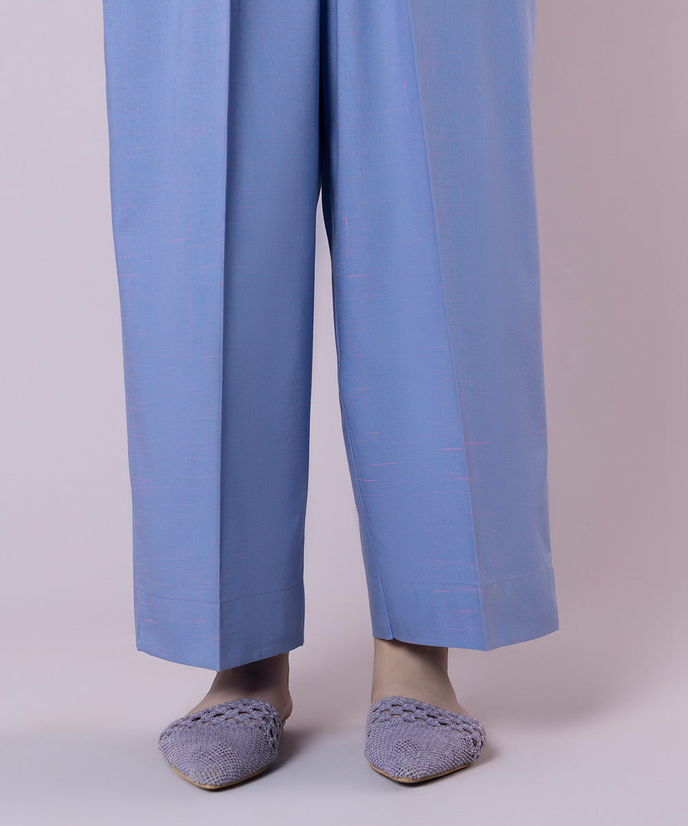 Women's Pret Textured Cotton Solid Blue Straight Pants