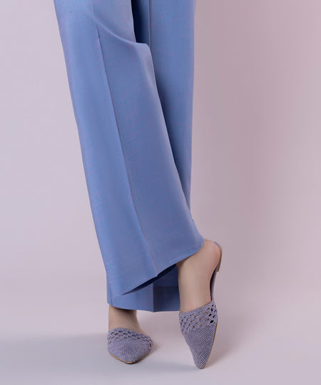 Women's Pret Textured Cotton Solid Blue Straight Pants