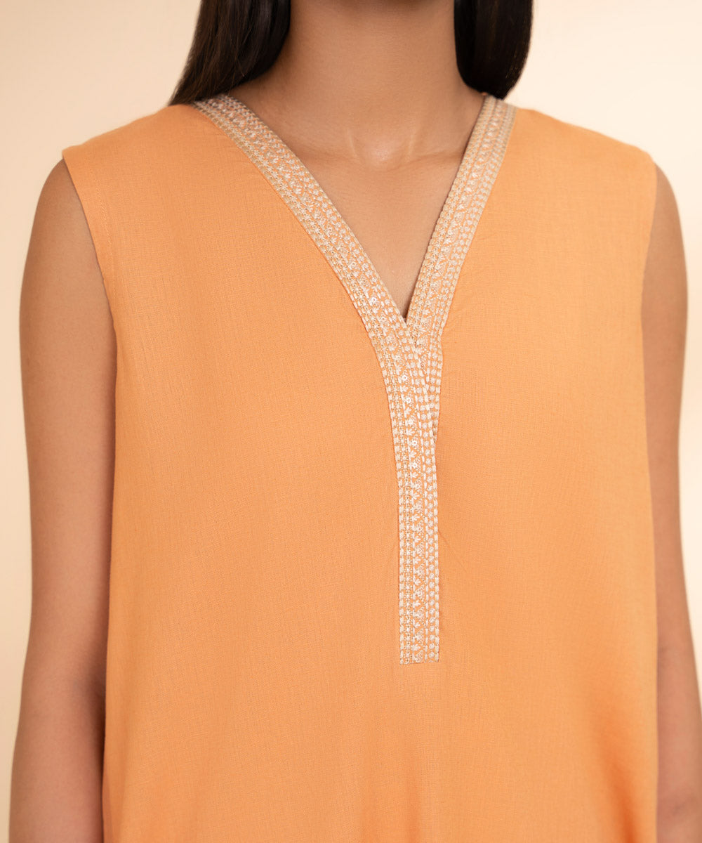 Women's Pret Cotton Linen Orange Solid A-Line Shirt