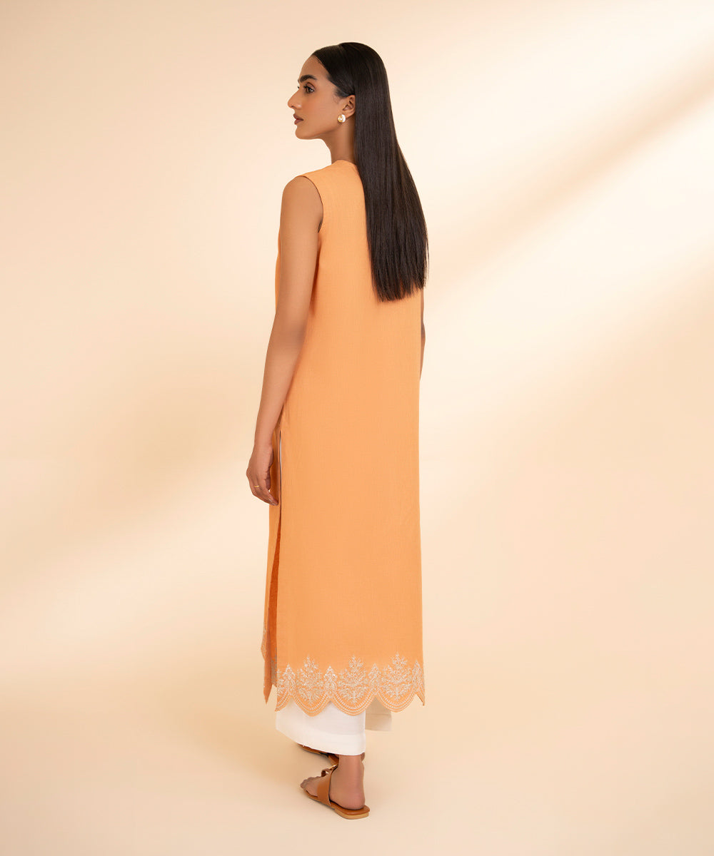 Women's Pret Cotton Linen Orange Solid A-Line Shirt