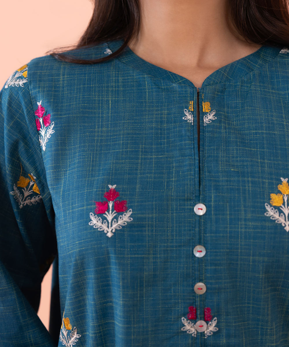 Women's Intermix Pret Solid Embroidered Injected Slub Dark Blue Shirt