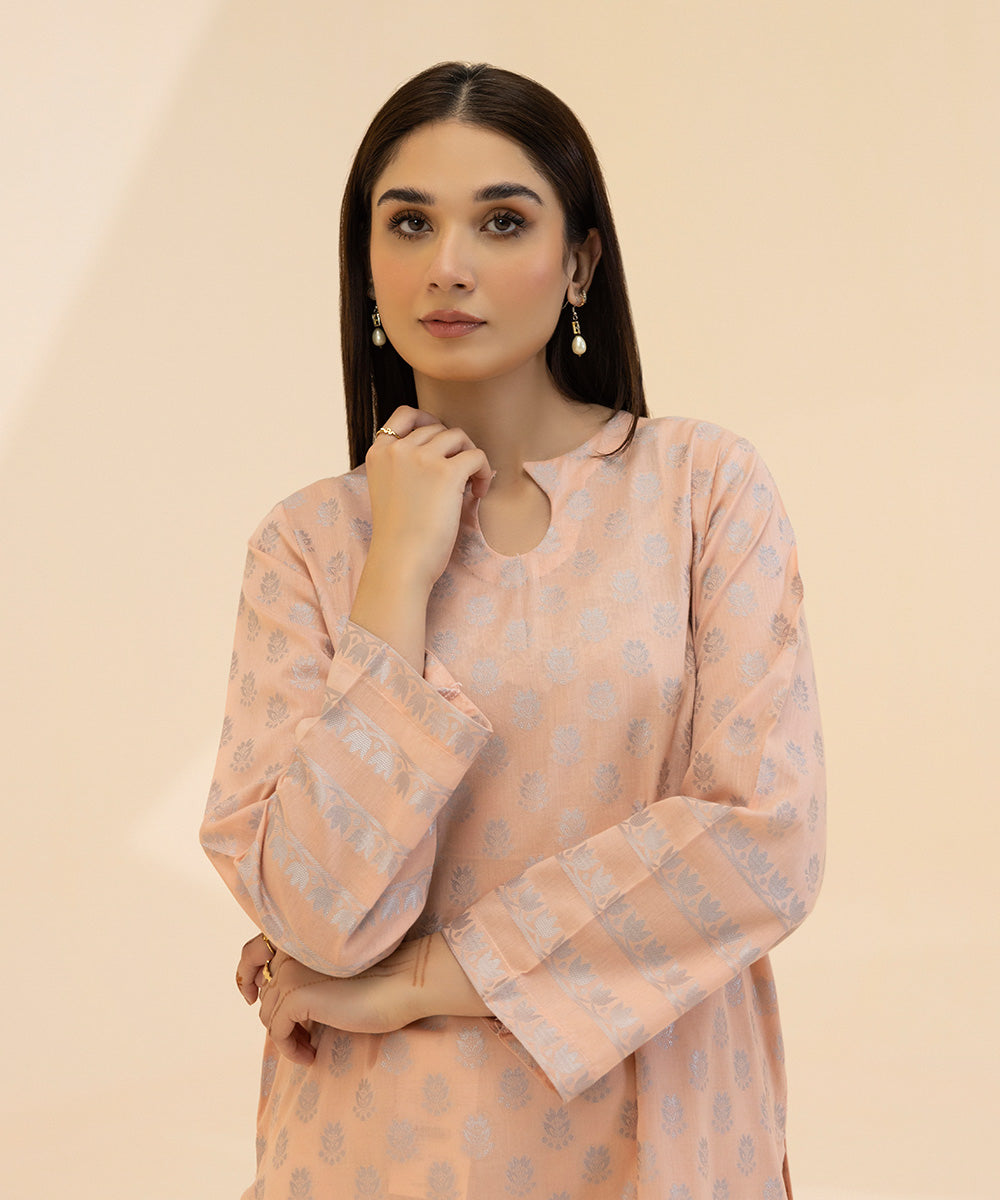 Women's Pret Summer Extra Weft Jacquard Pink Solid Straight Shirt