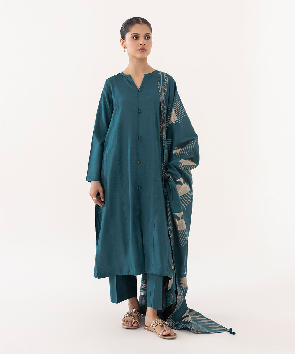Women's Intermix Pret Cotton Printed Blue 3 Piece Suit