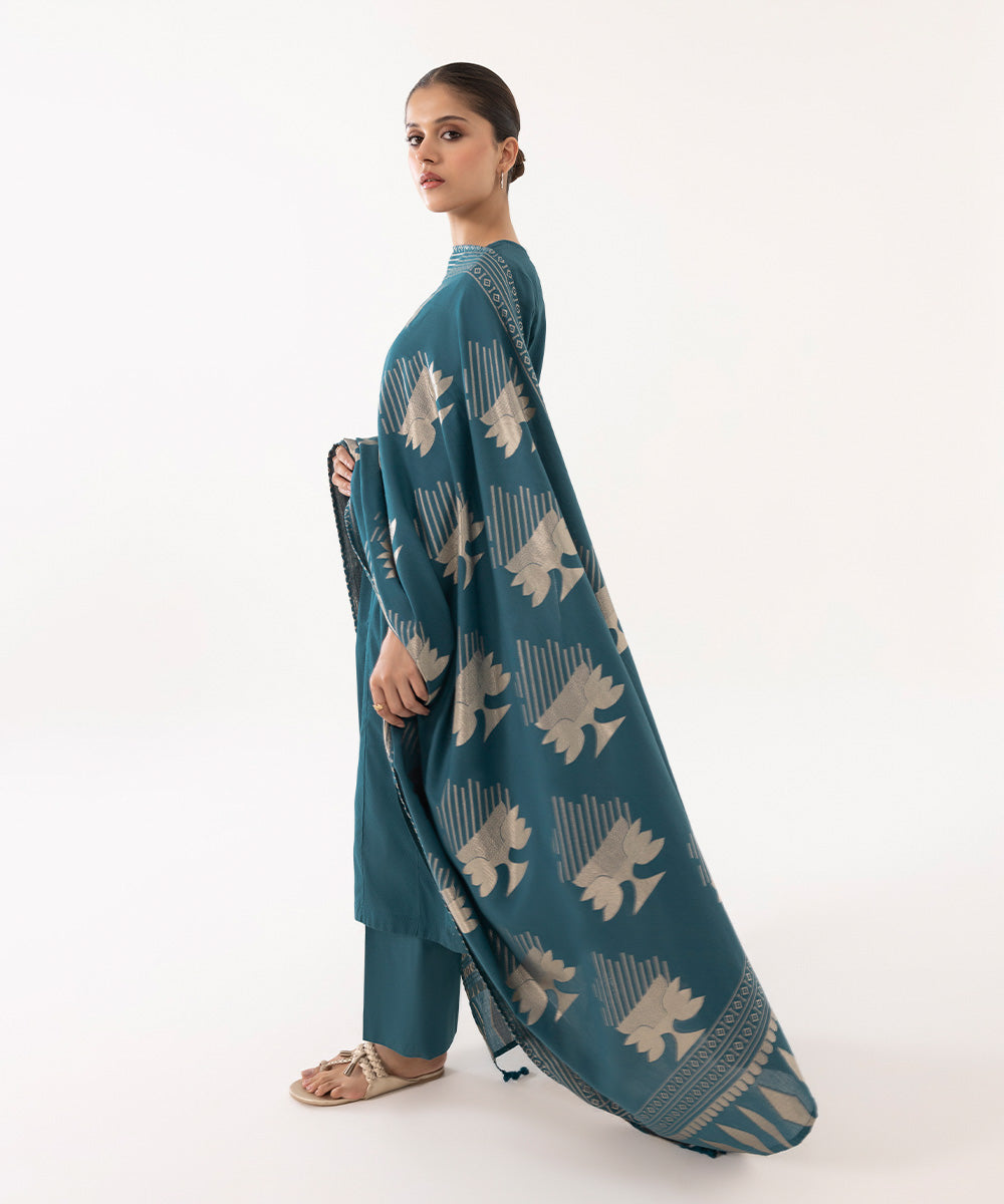Women's Intermix Pret Cotton Printed Blue 3 Piece Suit