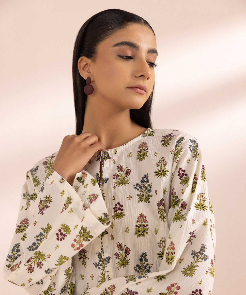 Women's Pret Seersucker Off White Printed Boxy Shirt