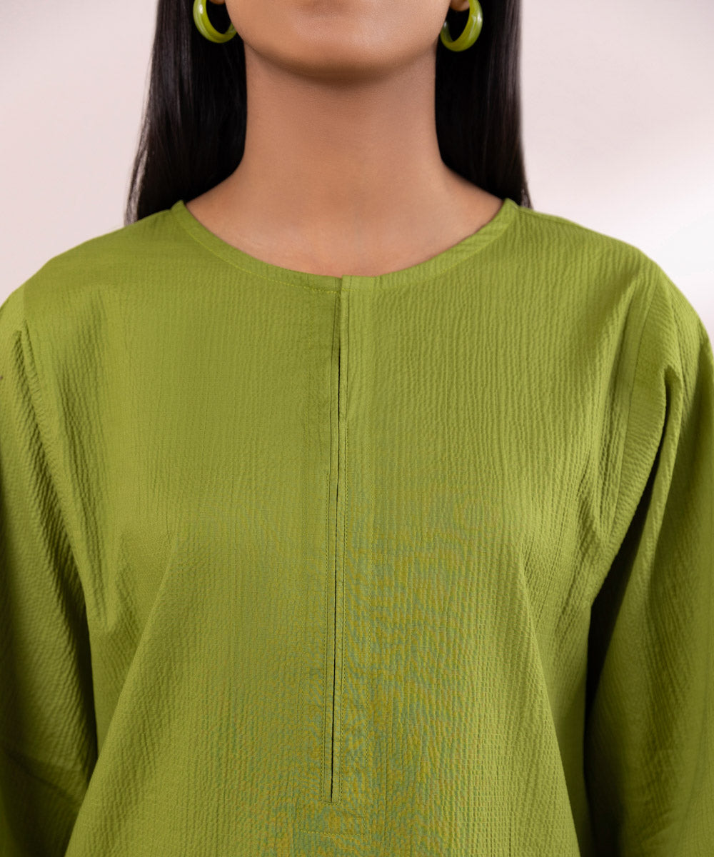 Women's Pret Seersucker Green Solid Straight Shirt