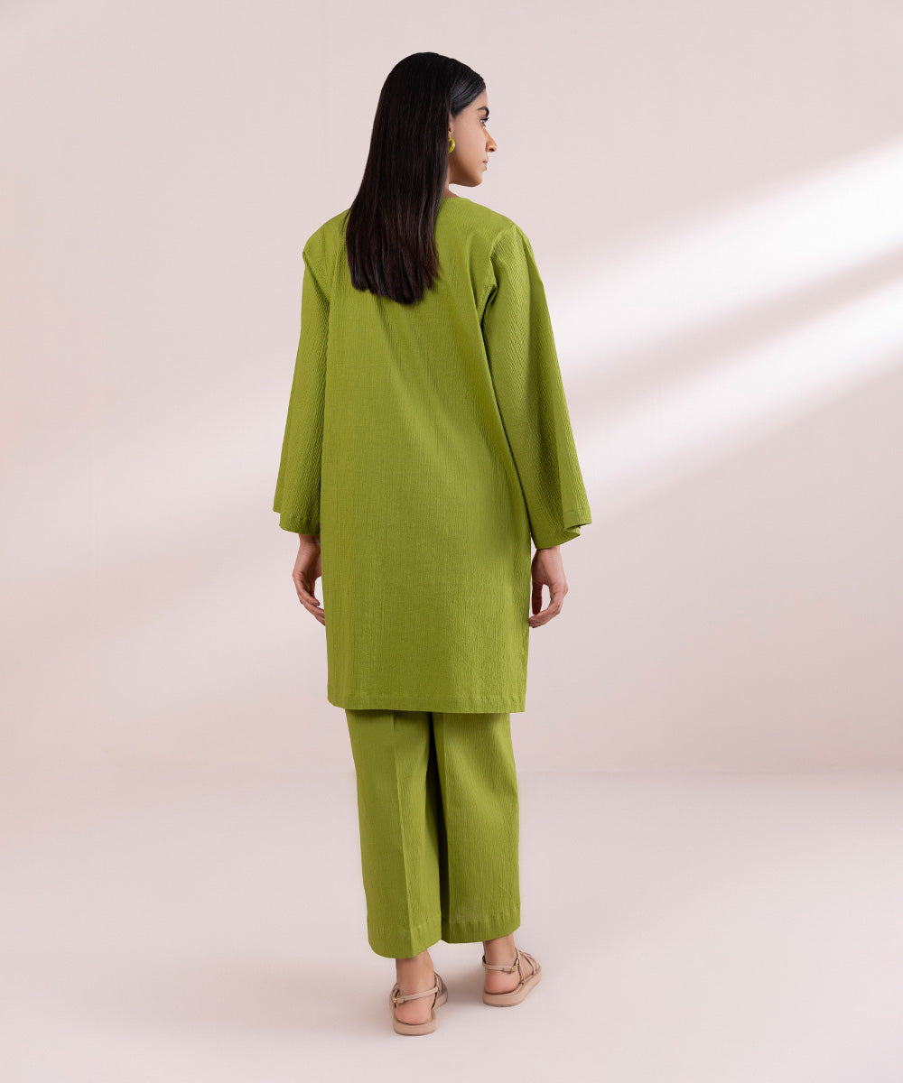 Women's Pret Seersucker Green Solid Straight Shirt