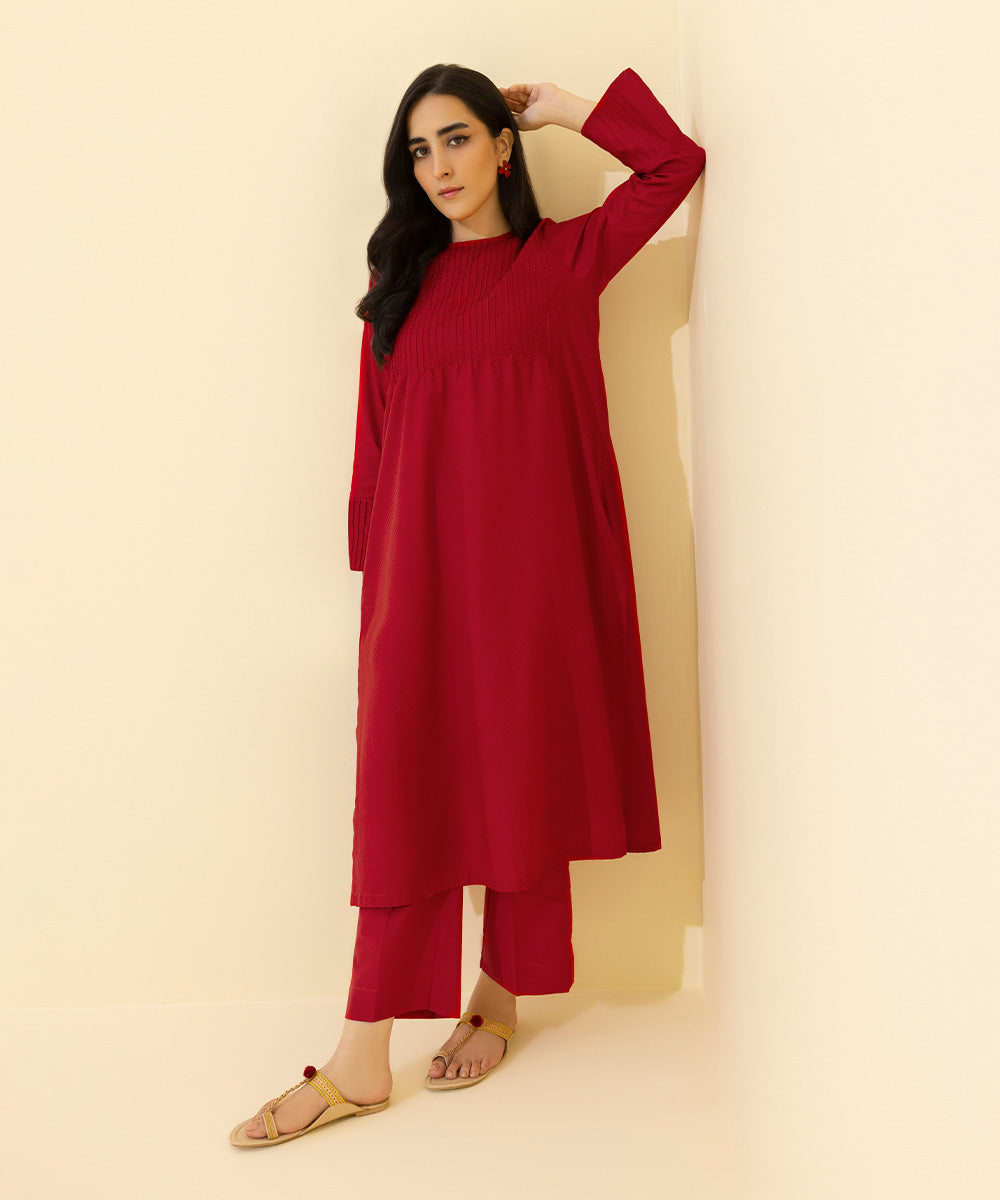 Women's Eid Pret Dobby  Red Straight Shirt