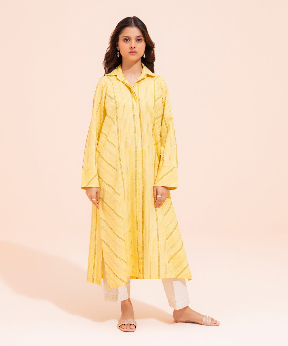 Women's Eid Pret Yarn Dyed Solid Yellow Front Open Shirt