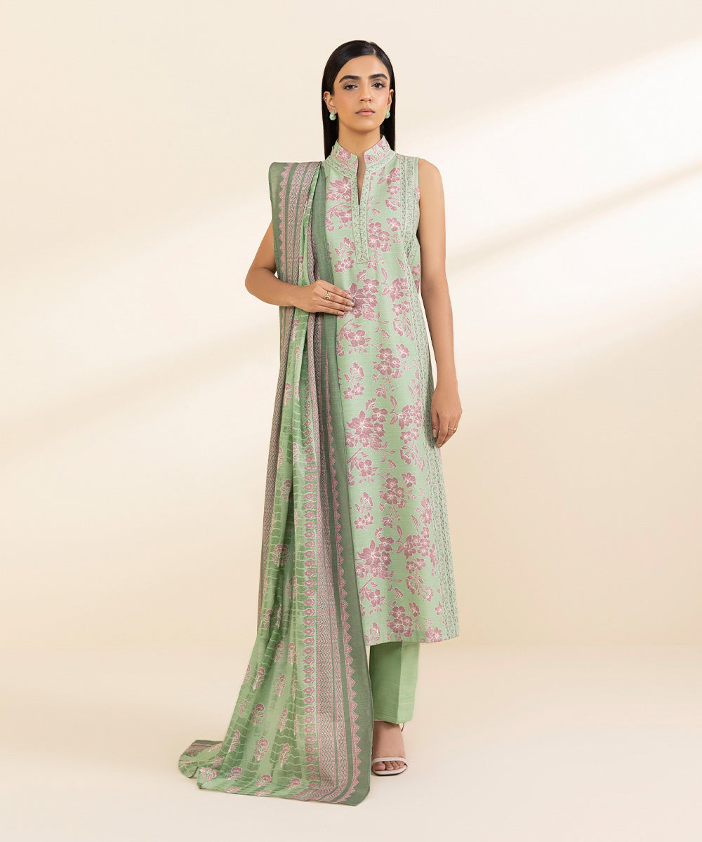 Women's Unstitched Light Khaddar Printed Green 3 Piece Suit