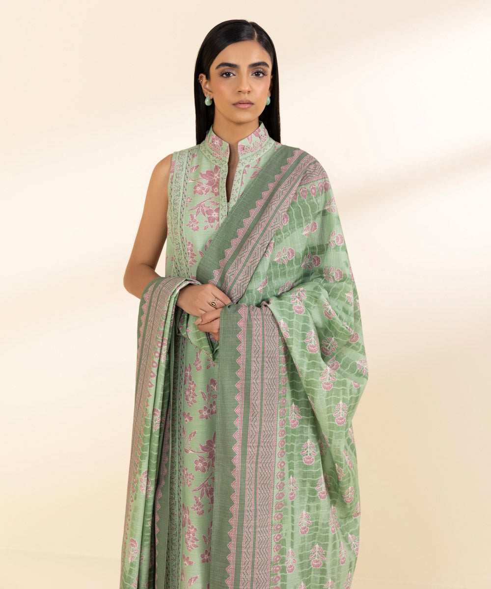 Women's Unstitched Light Khaddar Printed Green 3 Piece Suit