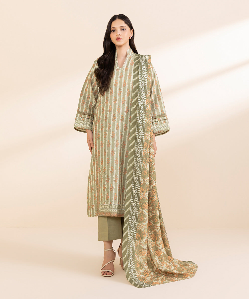 Women's Unstitched Light Khaddar Printed Beige 3 Piece Suit