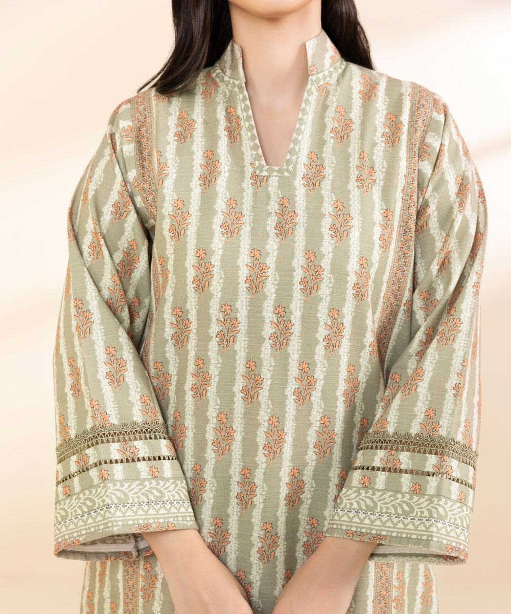 Women's Unstitched Light Khaddar Printed Beige 3 Piece Suit