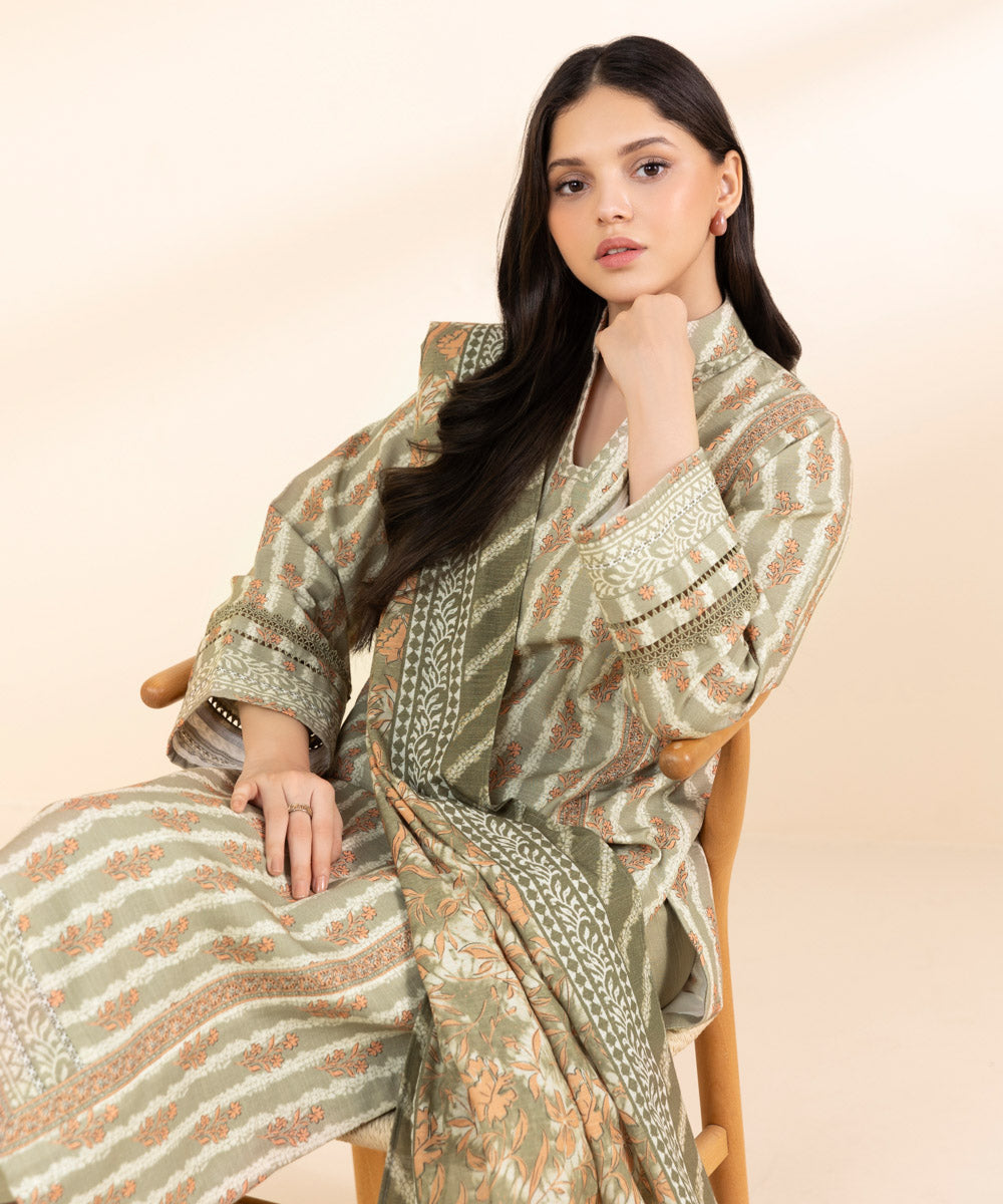 Women's Unstitched Light Khaddar Printed Beige 3 Piece Suit