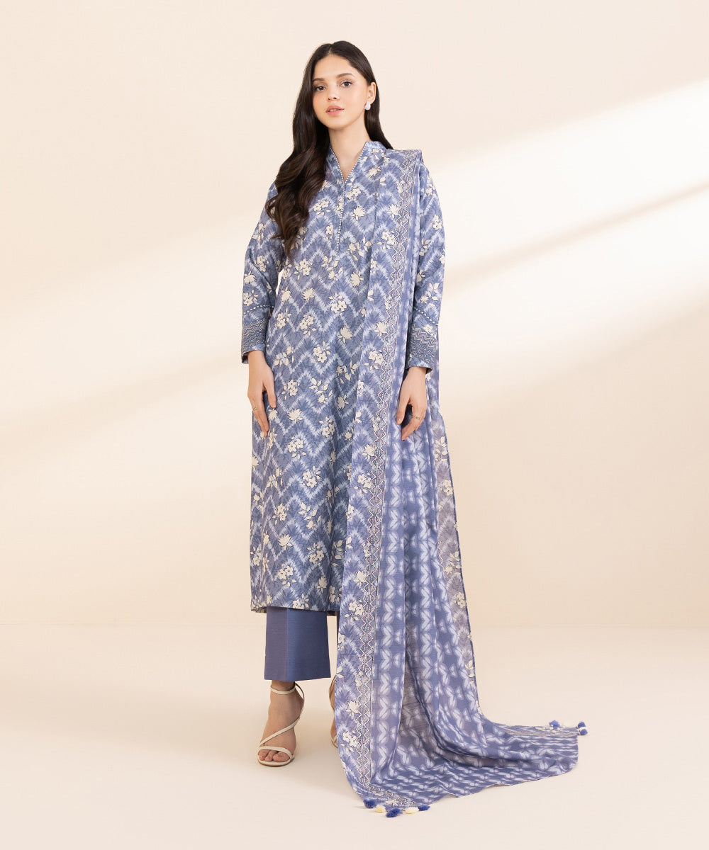 Women's Unstitched Light Khaddar Printed Blue 3 Piece Suit