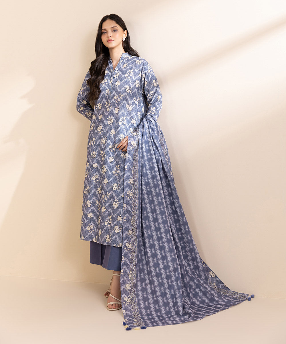 Women's Unstitched Light Khaddar Printed Blue 3 Piece Suit