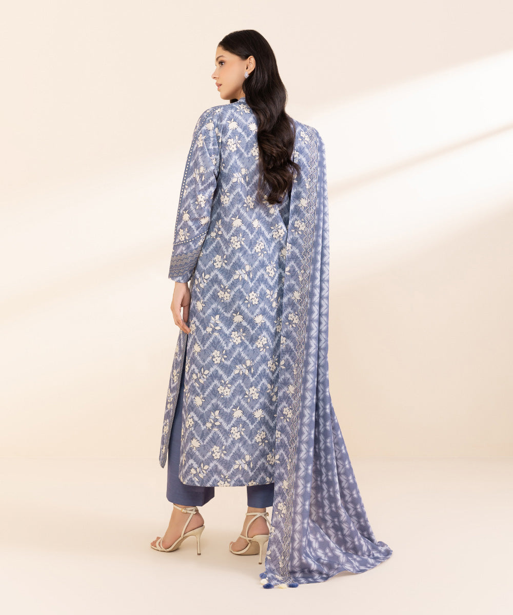 Women's Unstitched Light Khaddar Printed Blue 3 Piece Suit