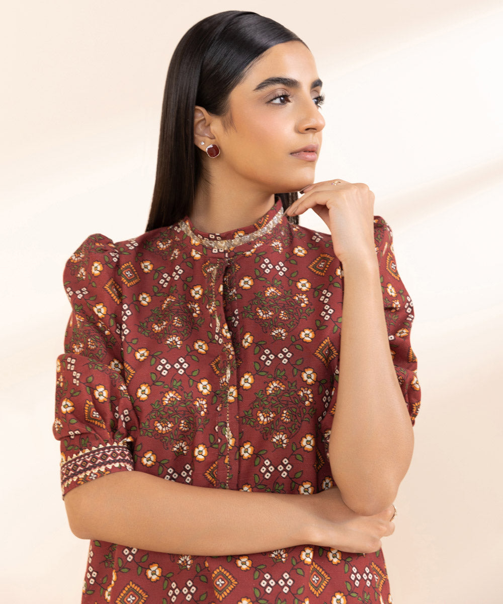 Women's Unstitched Light Khaddar Red Printed Shirt 