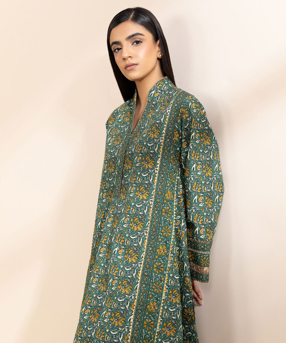 Women's Unstitched Cambric Green Printed Shirt 