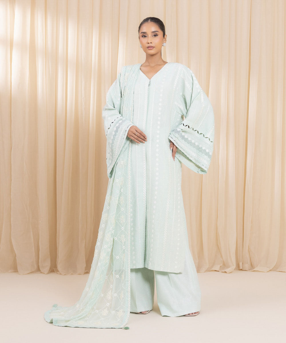 Women's Unstitched Textured Karandi Green 3 Piece Suit