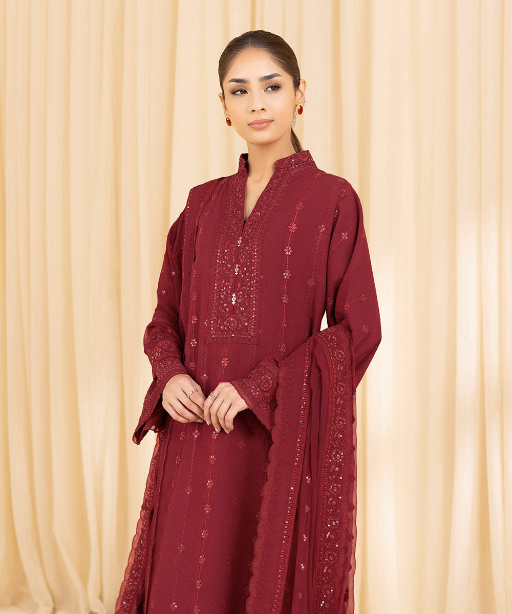 Women's Unstitched Cotton Karandi Red 3 Piece Suit