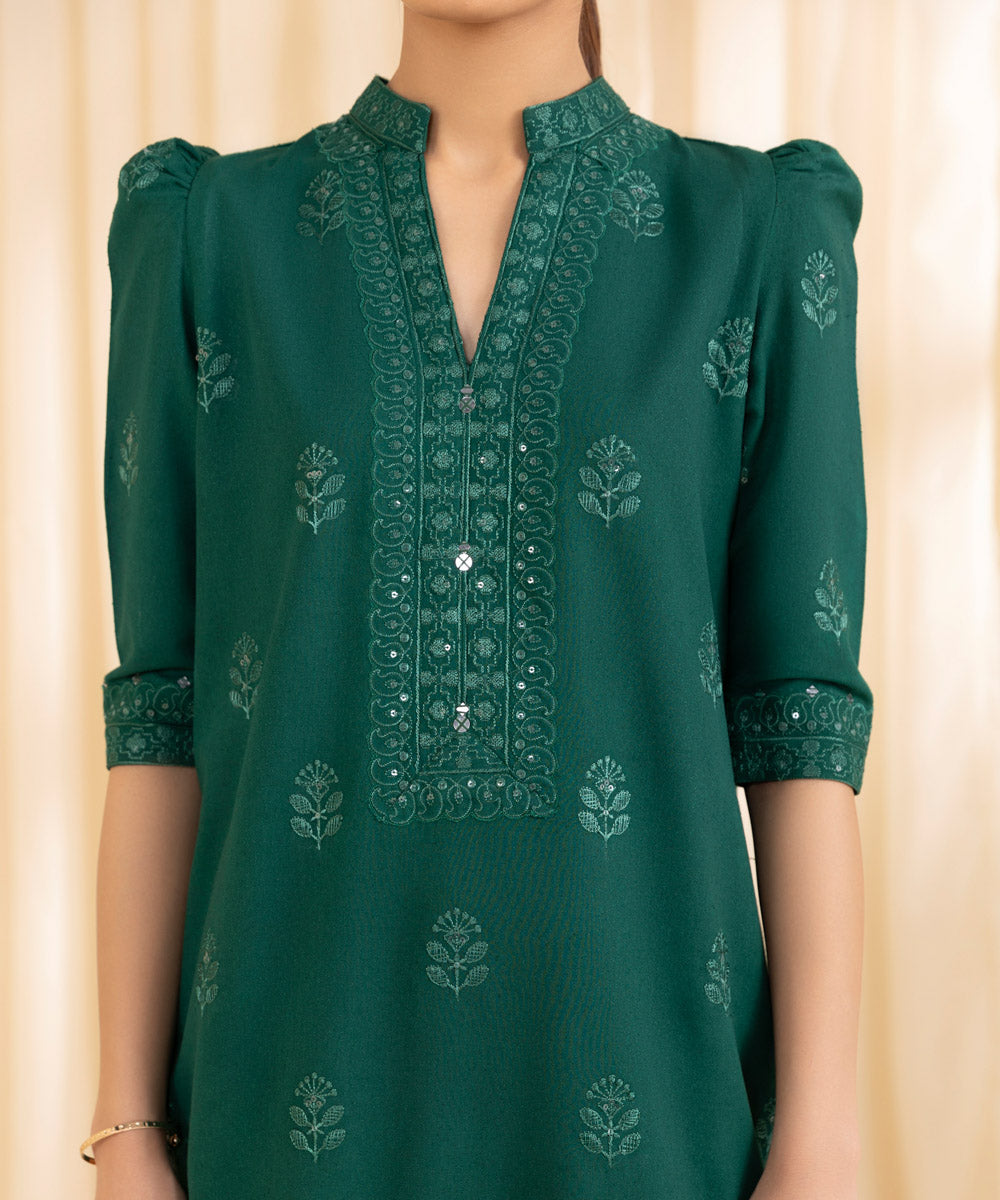 Women's Unstitched Cotton Karandi Green 3 Piece Suit