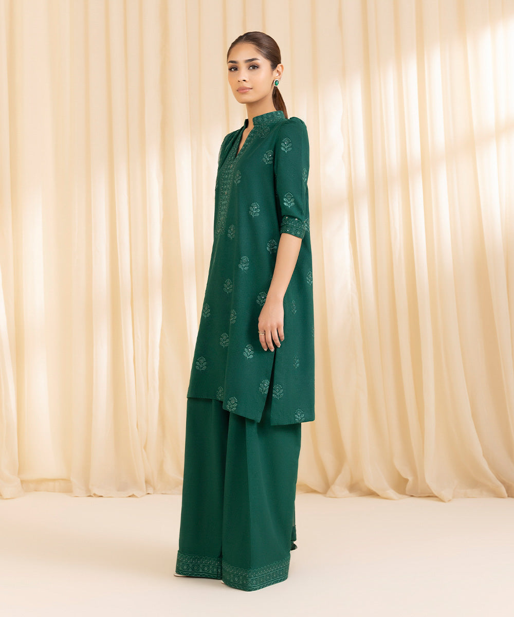 Women's Unstitched Cotton Karandi Green 3 Piece Suit