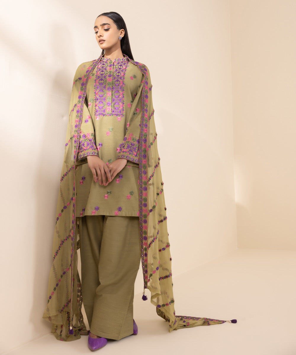 Women's Unstitched Khaddar Embroidered Brown 3 Piece Suit