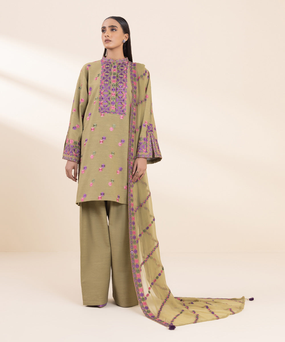 Women's Unstitched Khaddar Embroidered Brown 3 Piece Suit