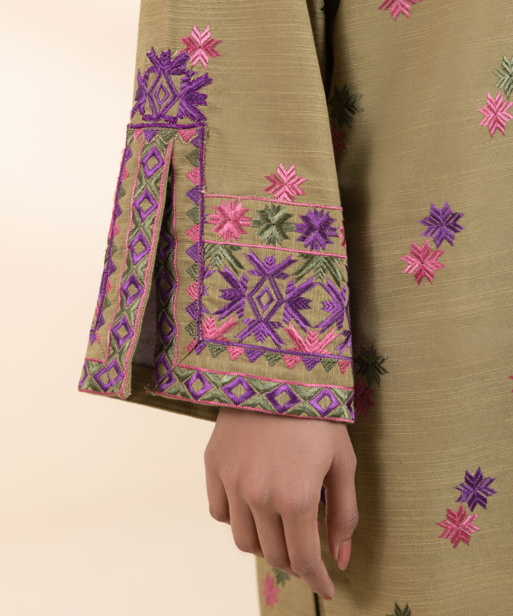 Women's Unstitched Khaddar Embroidered Brown 3 Piece Suit