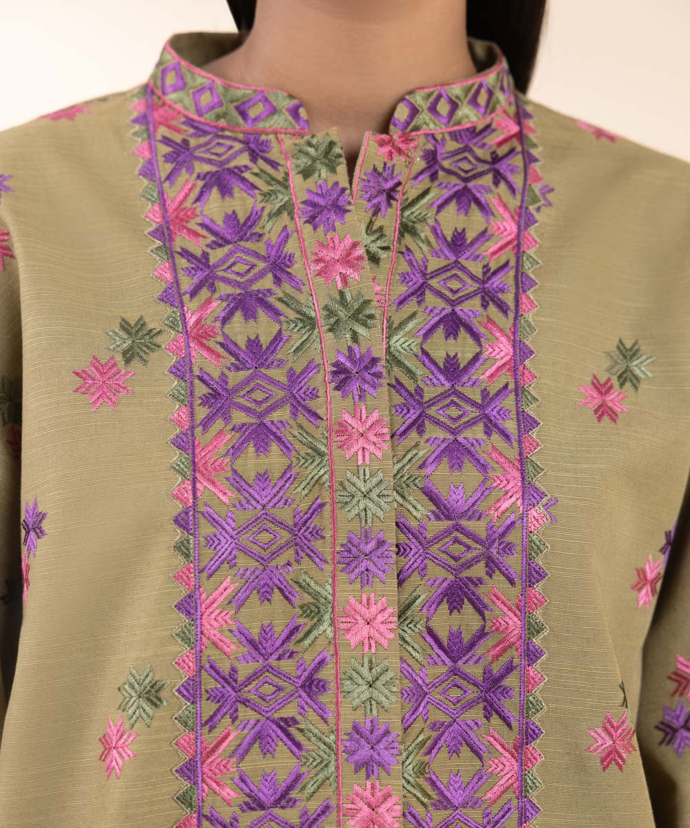 Women's Unstitched Khaddar Embroidered Brown 3 Piece Suit