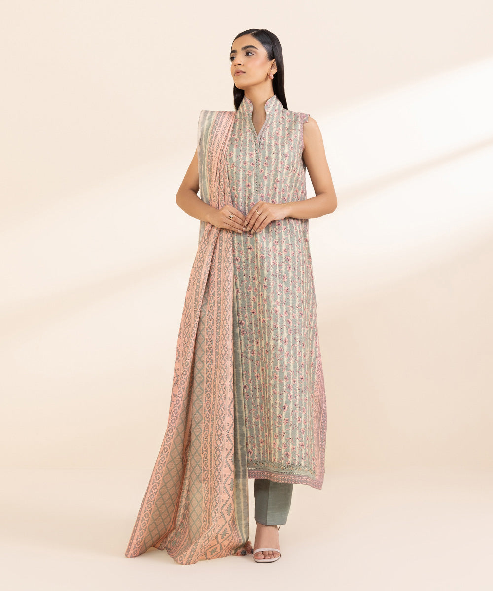 Women's Unstitched Light Khaddar Printed Grey 3 Piece Suit