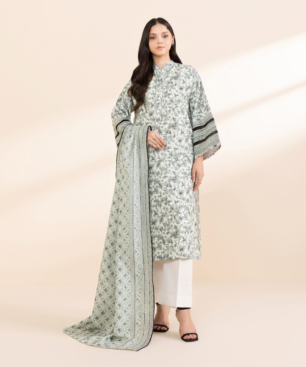 Women's Unstitched Light Khaddar Printed White 3 Piece Suit