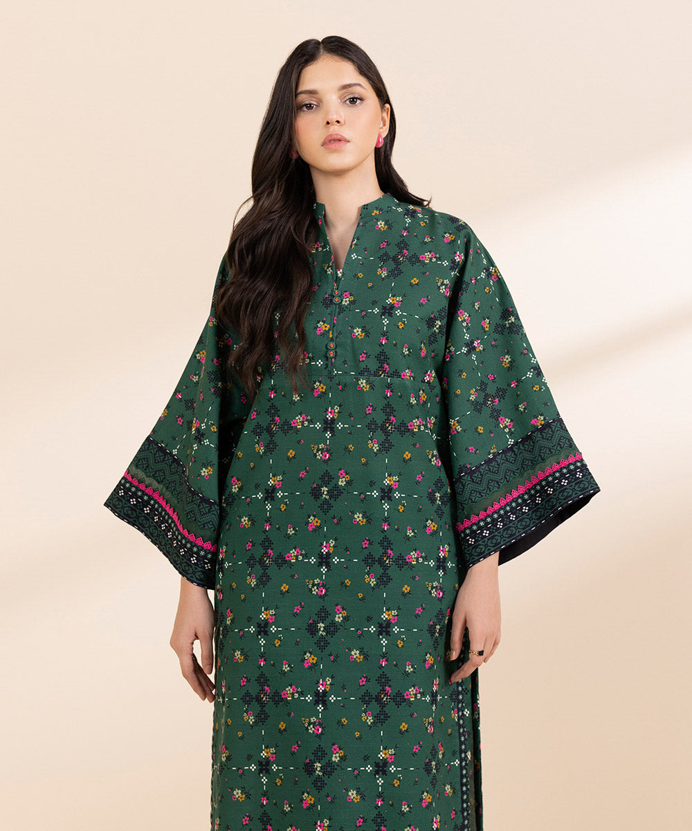 Women's Unstitched Light Khaddar Printed Green 2 Piece Suit