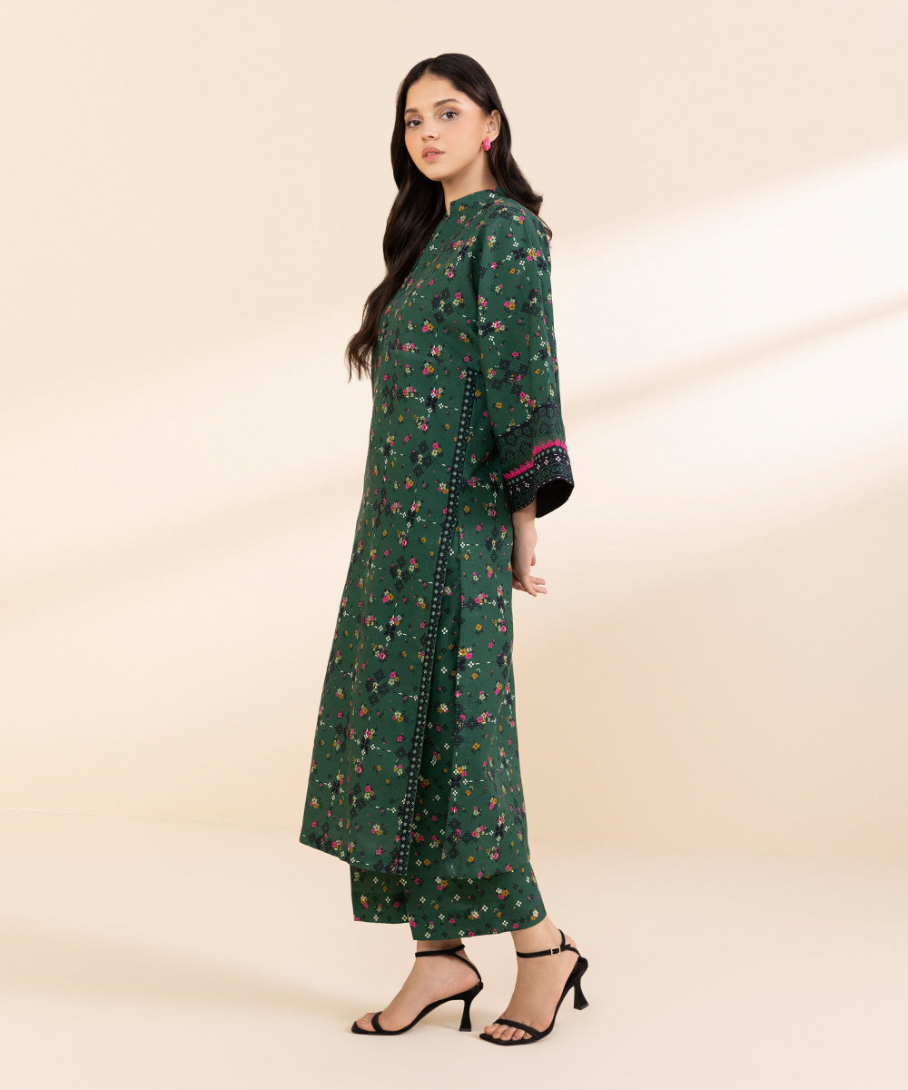 Women's Unstitched Light Khaddar Printed Green 2 Piece Suit