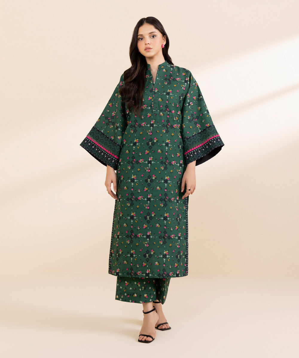 Women's Unstitched Light Khaddar Printed Green 2 Piece Suit