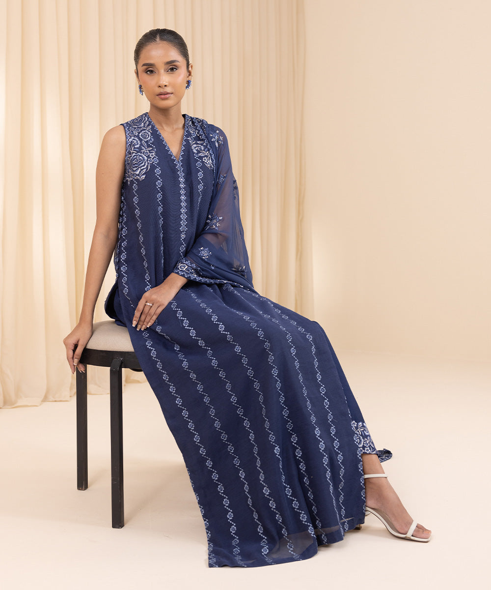 Women's Unstitched Khaddi Net Blue 3 Piece Suit