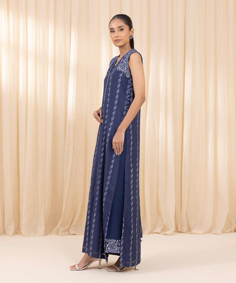 Women's Unstitched Khaddi Net Blue 3 Piece Suit