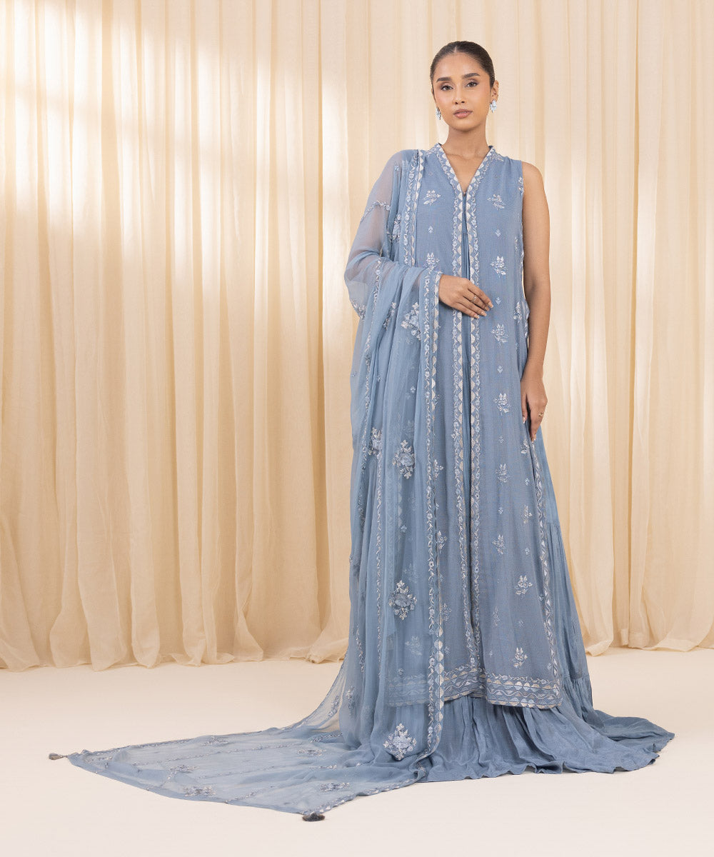 Women's Unstitched Khaddi Net Blue 3 Piece Suit