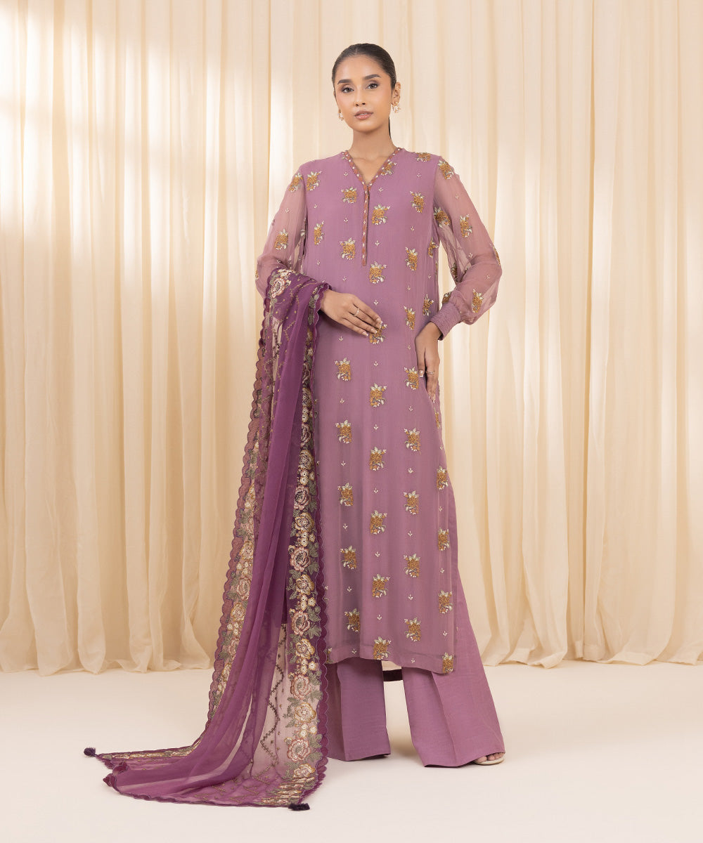 Women's Unstitched Blended Chiffon Purple 3 Piece Suit