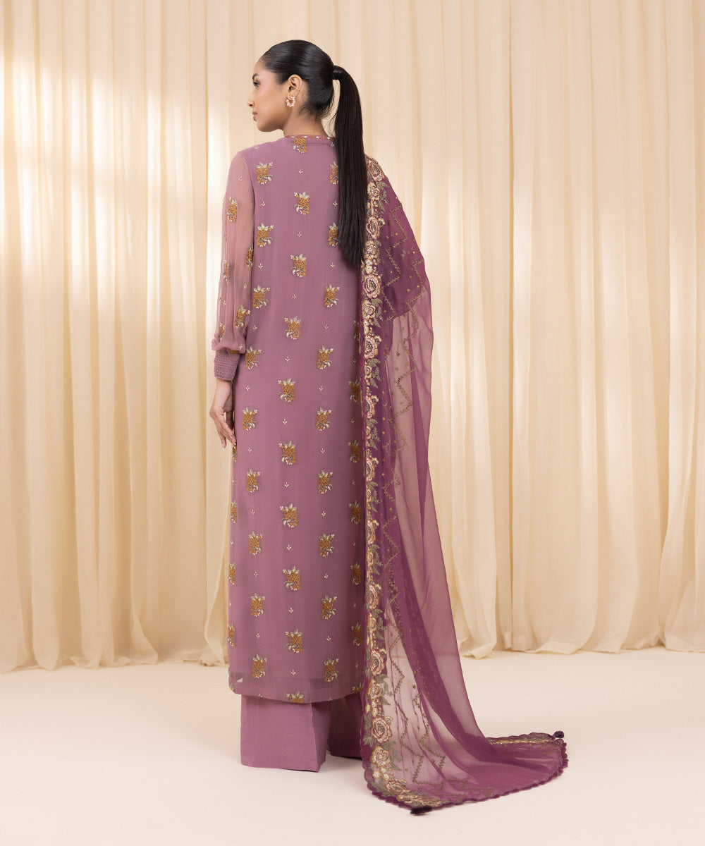 Women's Unstitched Blended Chiffon Purple 3 Piece Suit