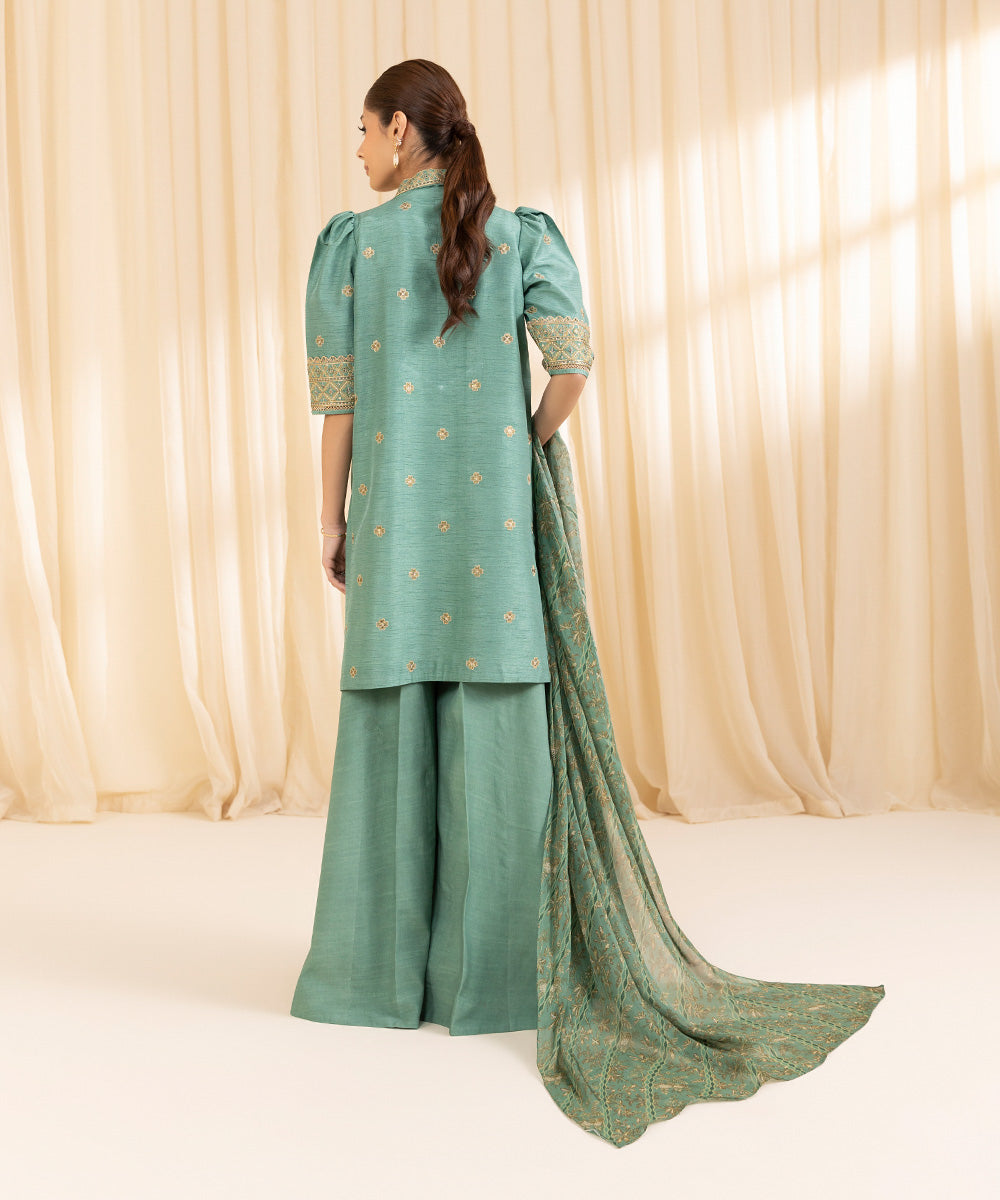 Women's Unstitched PK Raw Silk Green 3 Piece Suit