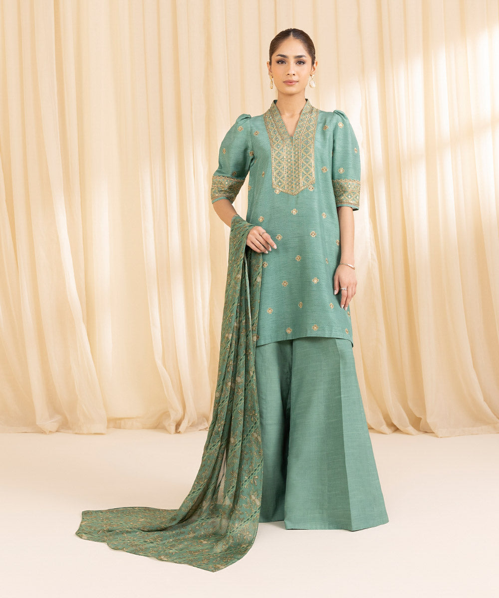 Women's Unstitched PK Raw Silk Green 3 Piece Suit