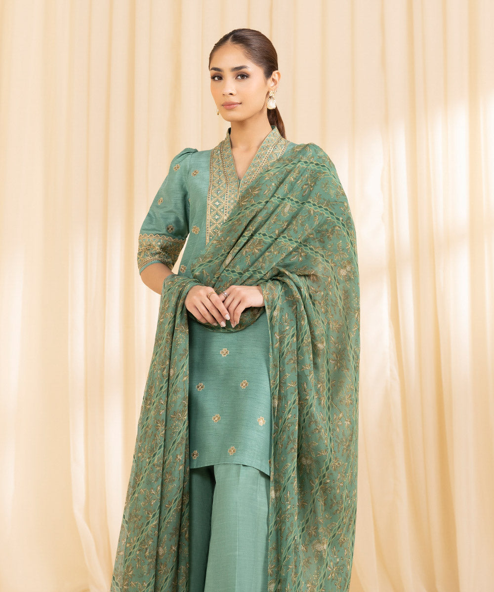 Women's Unstitched PK Raw Silk Green 3 Piece Suit