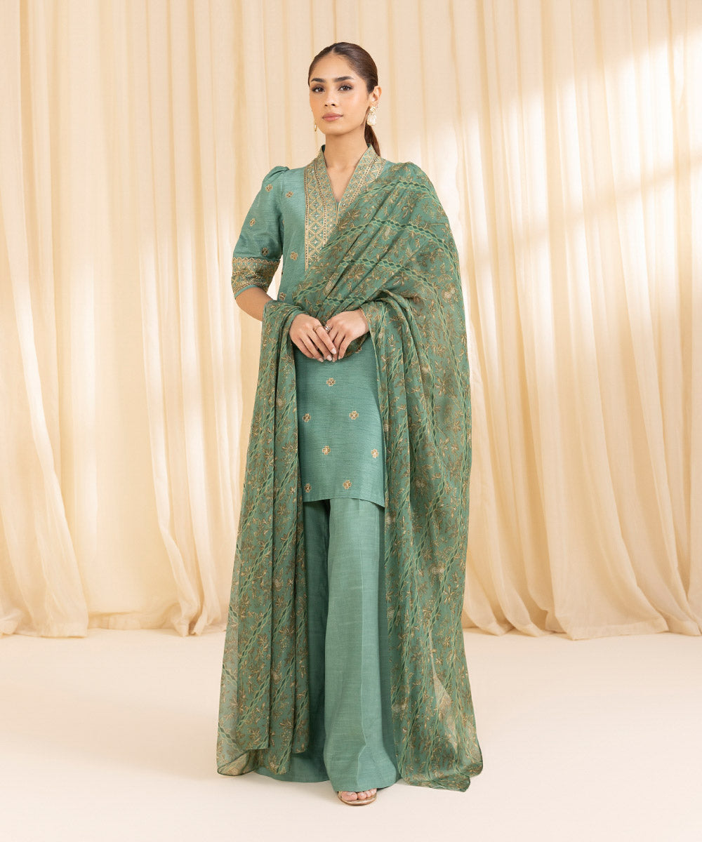 Women's Unstitched PK Raw Silk Green 3 Piece Suit