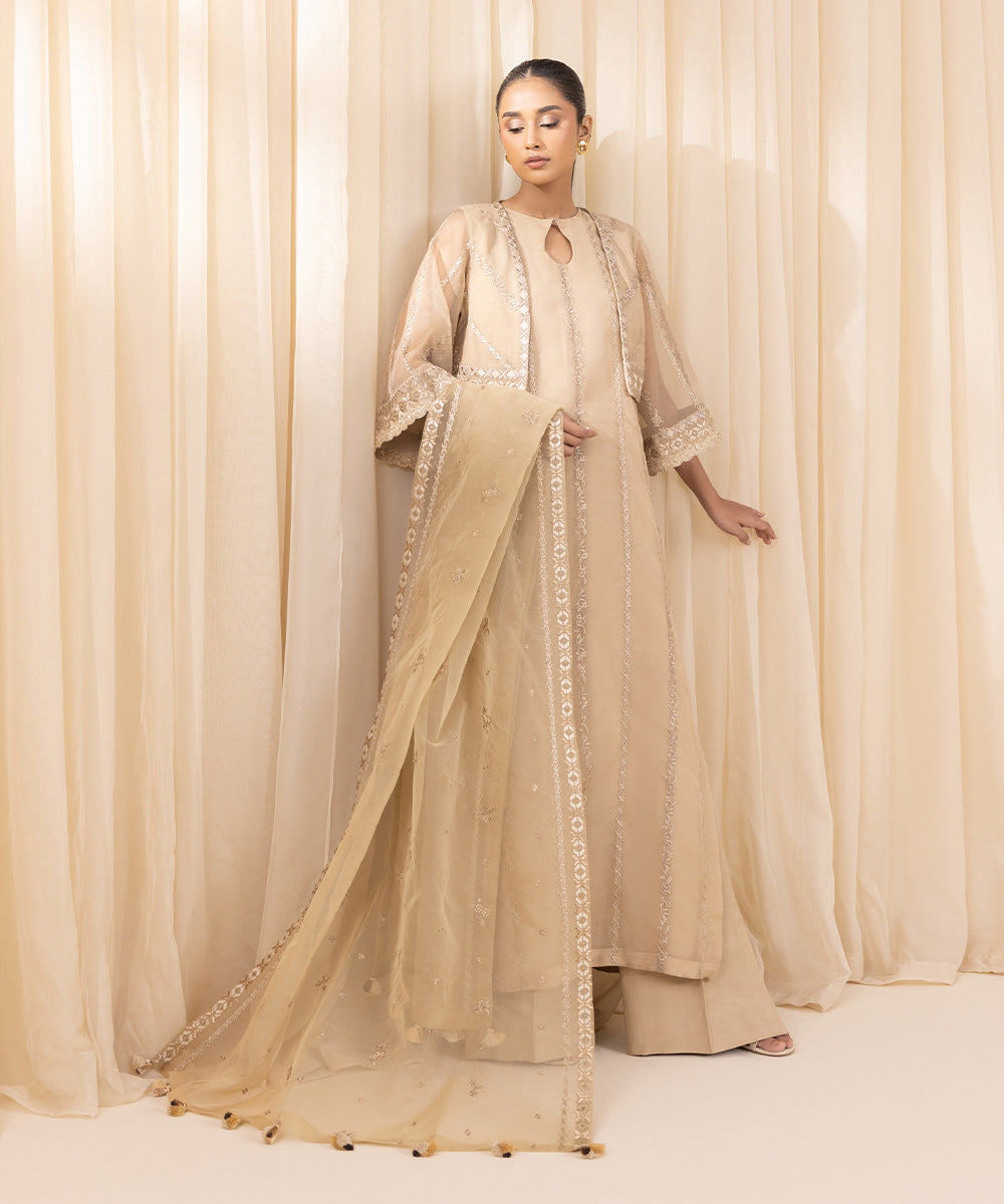 Women's Unstitched Blended Organza Embroidered Beige 3 Piece Suit