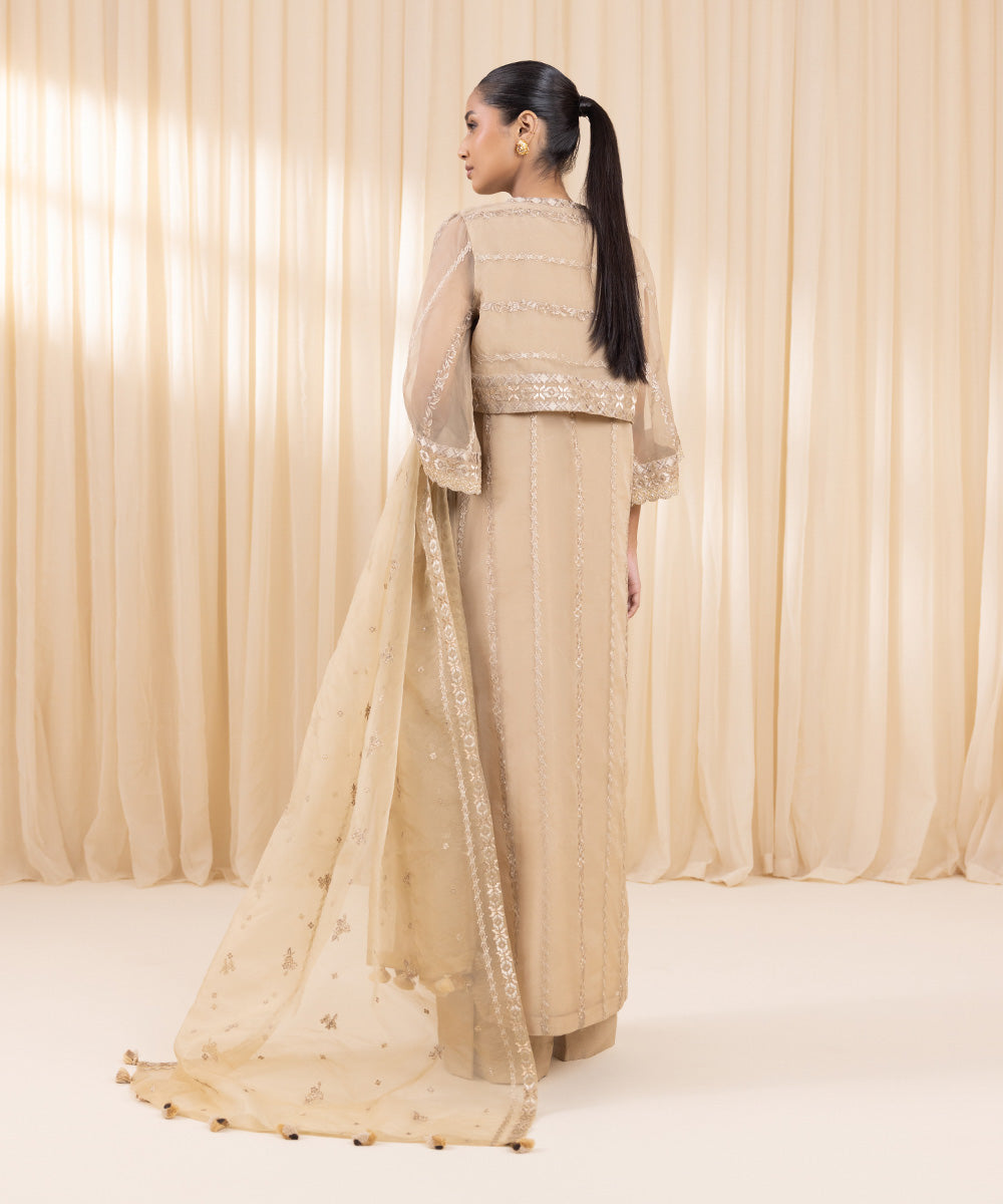 Women's Unstitched Blended Organza Embroidered Beige 3 Piece Suit